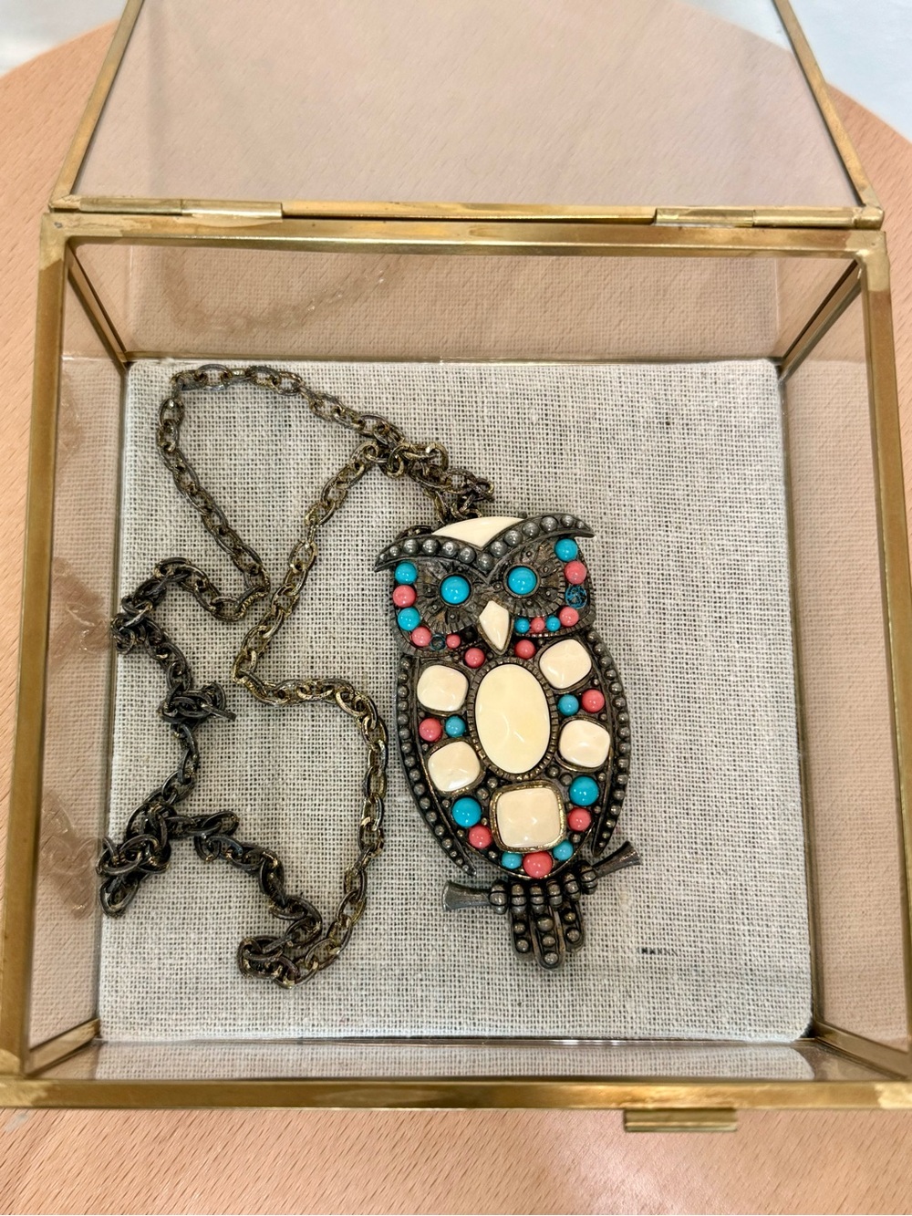 Vintage Owl Pendant Necklace in Turquoise, Coral & Ivory